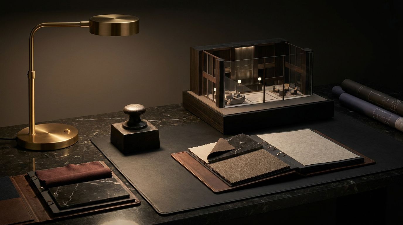 Luxury hospitality model and material samples representing hotel and branded residence assets