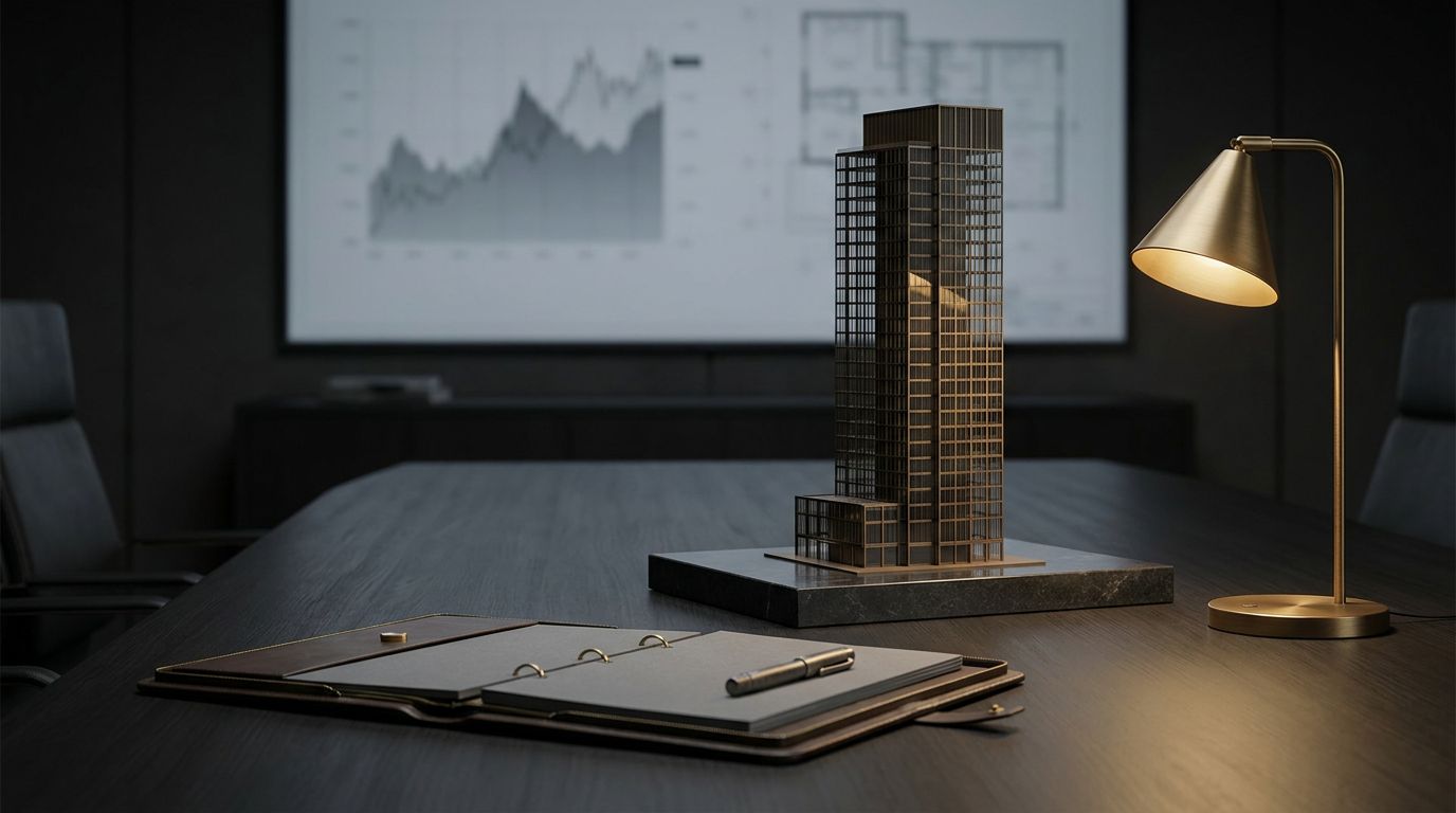 Architectural tower model and boardroom representing real estate equity