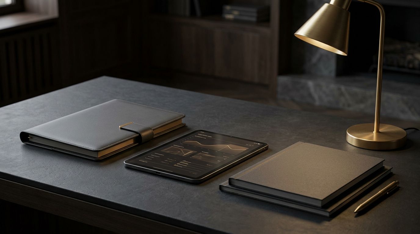 Premium venture capital diligence workspace with technology materials